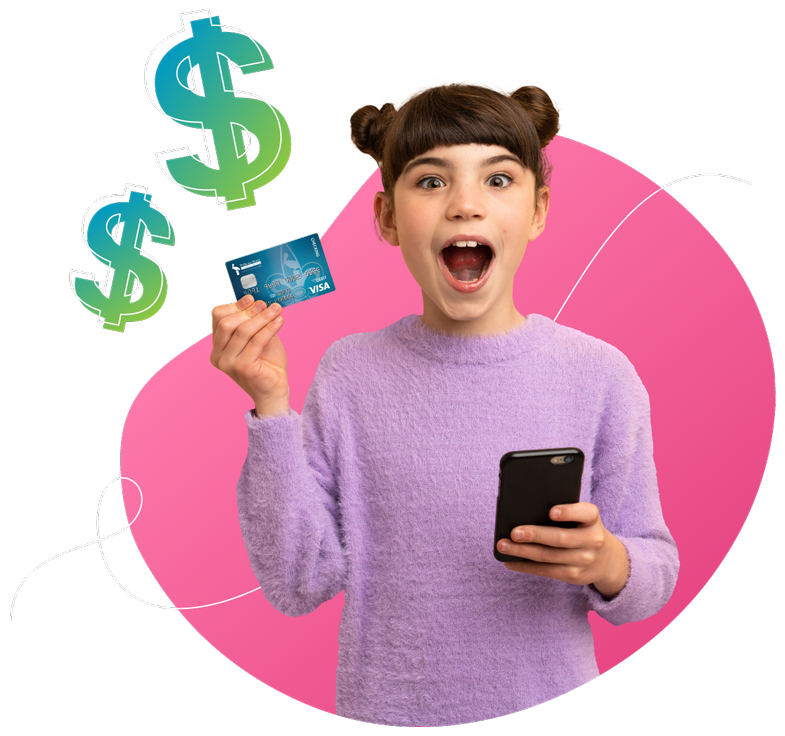 child holding phone and her debit card