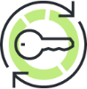 A green icon with a key in the foreground with a cyclical icon in the background.