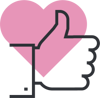 Thumbs up icon with a pink heart behind it.